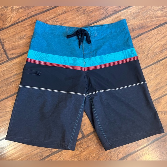 Burnside men’s swim trunks 34 waist blue black colorblock zippered pocket nice! - Picture 1 of 10